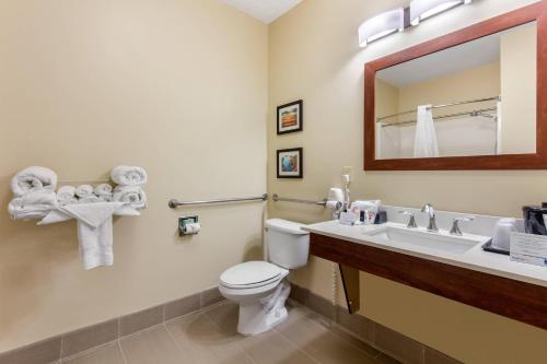 a bathroom with a toilet and a sink and a mirror at Comfort Inn & Suites McComb in McComb