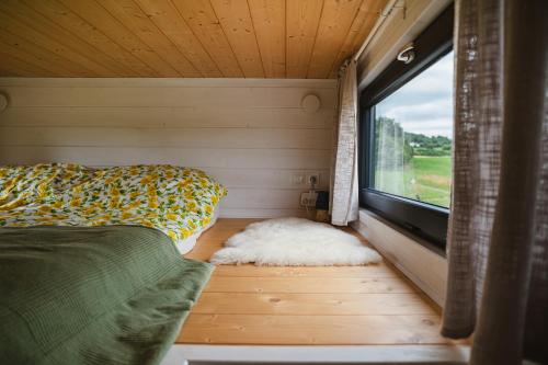 a small room with a bed and a window at Jemiołucha Glamping in Bodzentyn