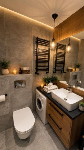 a bathroom with a toilet and a sink and a washing machine at Nad Jeziorem dla przyjaciół Apartament in Serock