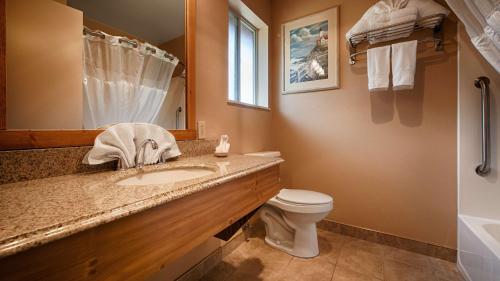 uma casa de banho com um lavatório, um WC e um espelho. em BEST WESTERN PLUS Hartford Lodge em Sutherlin