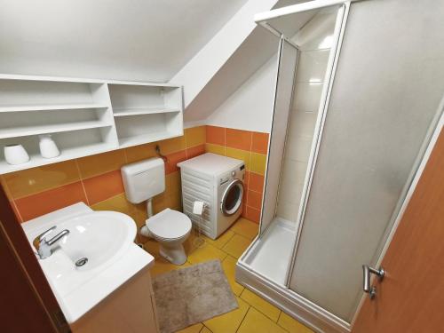 a bathroom with a shower and a toilet and a sink at Apartment Cankar's View in Vrhnika