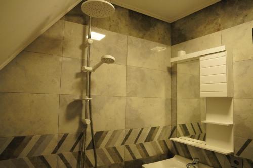 a shower with a shower head in a bathroom at Family House Quba, Guba, Qeçreş,Qəçrəş,Qecresh in Qǝçrǝş