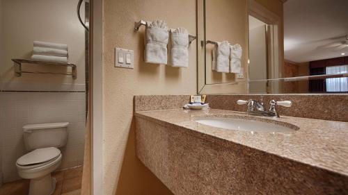 Best Western Pearland Inn في بيرلاند: حمام مع حوض ومرحاض ومرآة