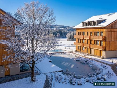 a building with a pond in the snow next to a tree at keyone homes Hochficht in Ulrichsberg