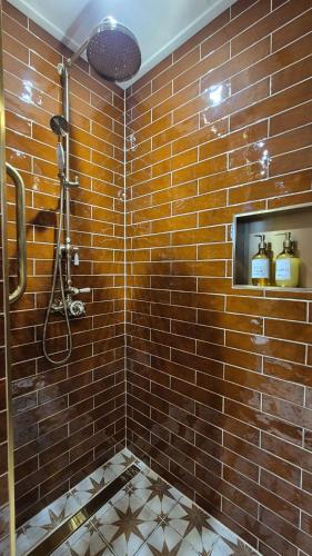 a brown tiled bathroom with a shower and a tv at De Gouden Cruytbusse in Middelburg