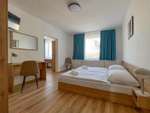 a bedroom with a bed and a desk and a chair at RS Hotel in Rimavská Sobota