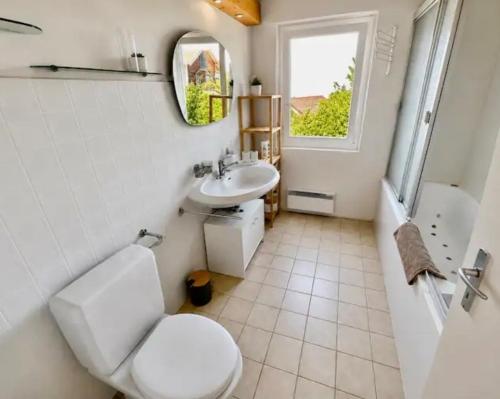 a bathroom with a toilet and a sink and a mirror at Villa Lake View in Grandvaux