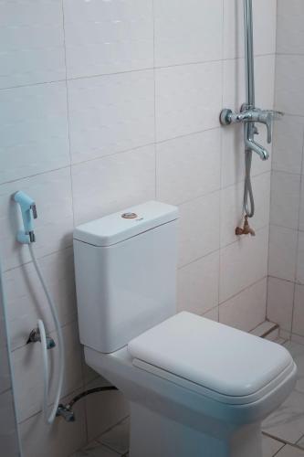 a white toilet in a bathroom with a shower at Chama Haven Appartment 2 bed in Tengeru