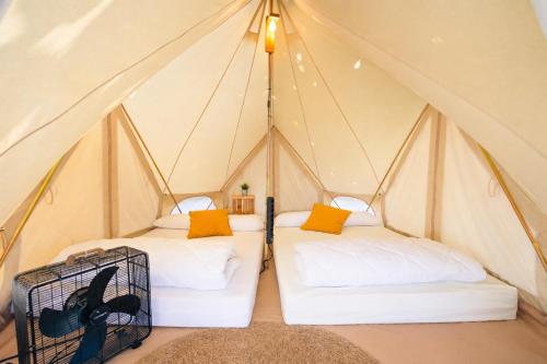 two beds in a canvas tent with yellow pillows at Kampaoh El Palmar in El Palmar