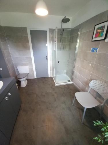 a bathroom with a shower and a toilet and a sink at Bénodet Chambre D'hôtes Les Sauges in Bénodet
