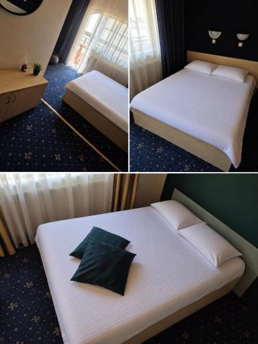 two pictures of a hotel room with two beds at Pensiunea Don Sergio in Predeal