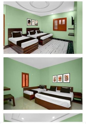 two pictures of a bedroom with two beds at Friendly Guest House in Gorakhpur