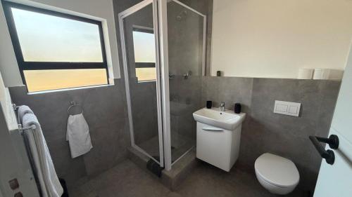 a bathroom with a shower and a toilet and a sink at CS Nest Modern Studio Athlone in Pietermaritzburg