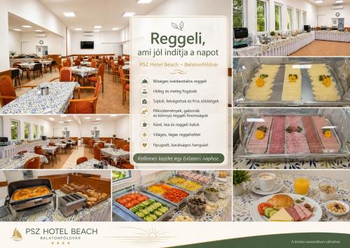a collage of pictures of food in a restaurant at PSZ Hotel Beach Földvár in Balatonföldvár