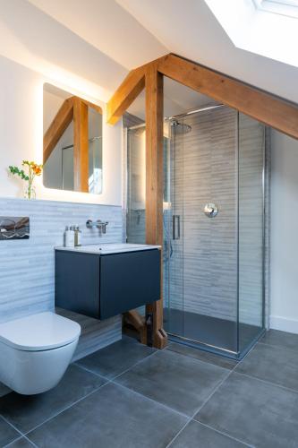 a bathroom with a shower and a toilet and a sink at The Store in Salcombe