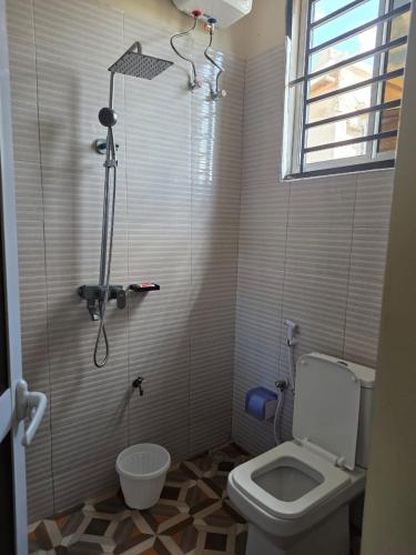 a bathroom with a toilet and a shower at VC Heritage Residences in Dodoma