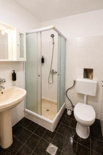 a bathroom with a shower and a toilet and a sink at Picikato Rooms in Krapina