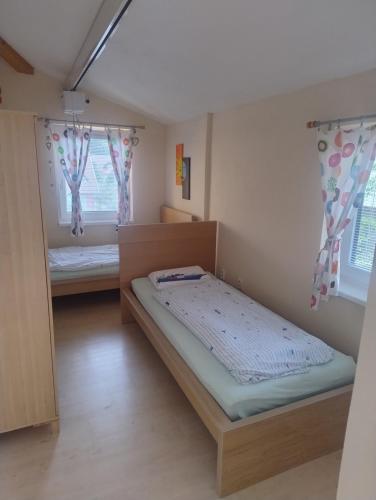 a bedroom with two beds and two windows at Apartmán Nebo in Turčianske Teplice