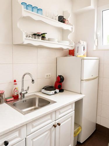 a kitchen with a sink and a white refrigerator at Apartman Lena in Belgrade