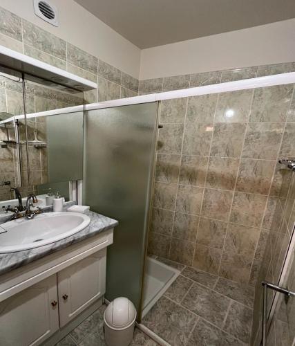 a bathroom with a shower and a sink at Logis du mont in Saint-Sernin-du-Plain