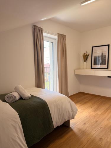 a bedroom with a large bed and a window at Apartma Julia in Semič