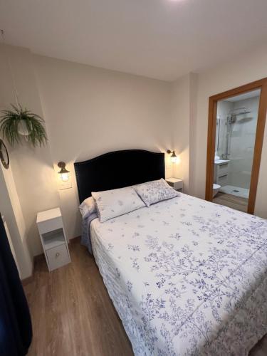 a bedroom with a bed with a blue and white comforter at CAMBARAL AS DE GUIA in Luarca