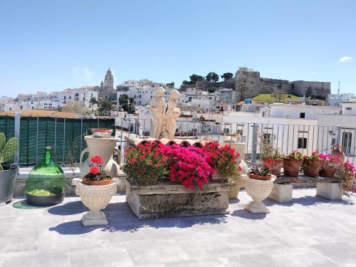 a group of flowers in vases on a roof at B&B Casa Desimio in Vieste