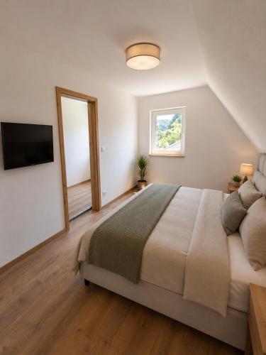 a bedroom with a large bed and a television at Haus Anni in Ebermannstadt