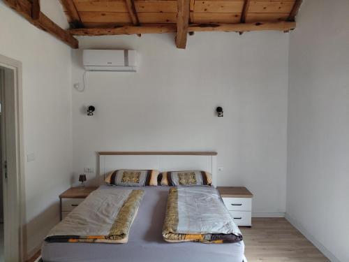 a bedroom with a large bed with wooden ceilings at Eco-Apartment Ostros Skutarisee in Ćurjan