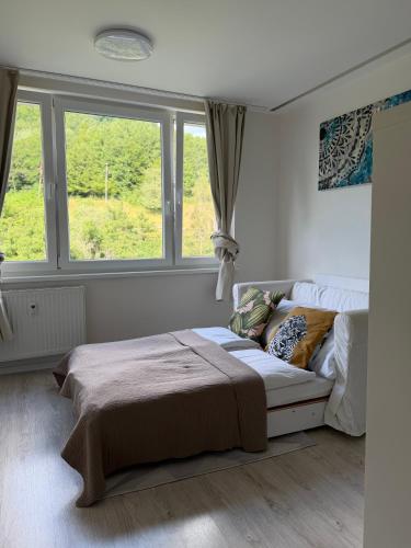 a bedroom with a bed and a large window at Apartmánový byt VYHNE in Vyhne
