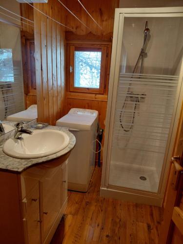 a bathroom with a shower and a sink and a toilet at La Tapia in La Foux d'Allos
