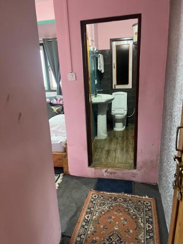 a bathroom with a sink and a toilet and a mirror at The Rainbow Inn in Sonāda