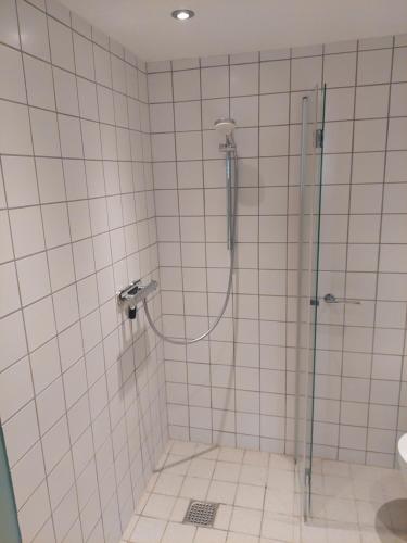 a bathroom with a shower with a glass door at Tversted Strandkro in Bindslev