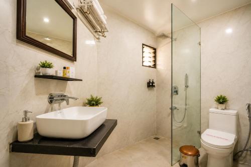 a bathroom with a sink and a glass shower at Ashish Palace - A City Centre Hotel in Udaipur