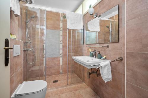 a bathroom with a shower and a toilet and a sink at VILLA STEFANIJA small Boutique hotel&restaurant in Barban