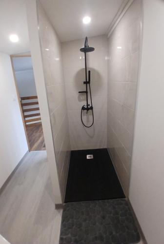 a bathroom with a shower with a black tile floor at Bungalow P&P in Entre-Deux