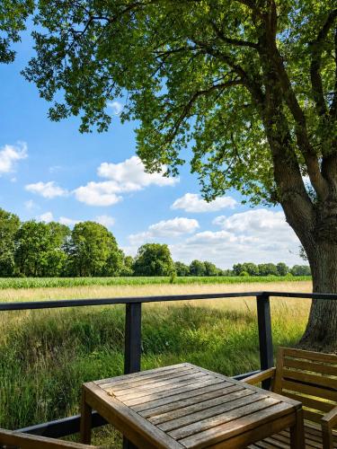 a picnic table under a tree in a field at Chalet Helsinki in Bleckede