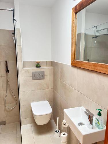 a bathroom with a toilet and a sink and a mirror at Apartamento Aliciamin in Costa Calma