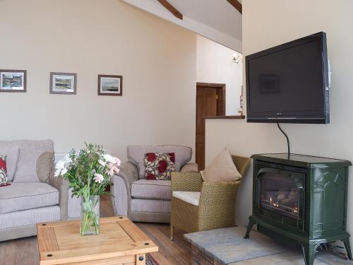 a living room with a fireplace and a tv at Brynymor Cottage in Llangennith