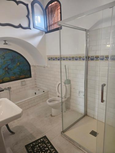 a bathroom with a shower and a toilet and a sink at Fabrica de Sueños in Gandía