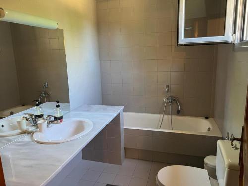 a bathroom with a sink and a tub and a toilet at Seta Forest House in Séta