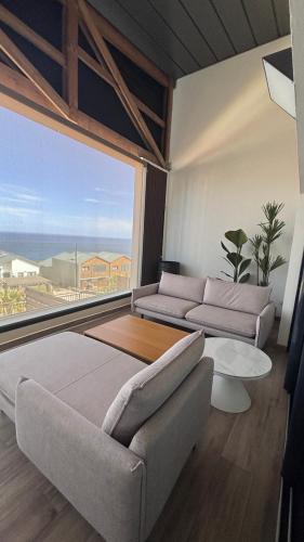 a living room with a couch and a large window at Le Loft Bleu in Petite Île