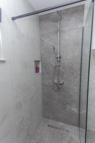 a shower stall with a glass door with a shower at Bumax Apartments in Ulcinj