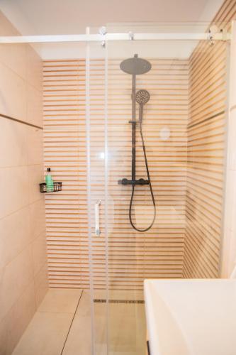 a shower with a glass door in a bathroom at Nedecvidék ház in Isztimér