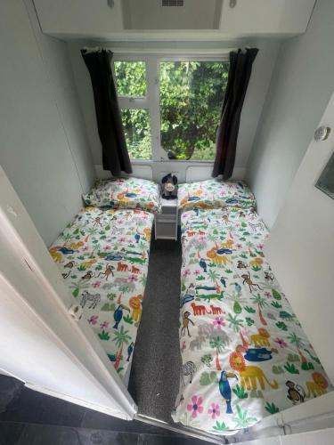 a small room with two beds and a cat sleeping in it at Gunthorpe Mobile Home in East Bridgford