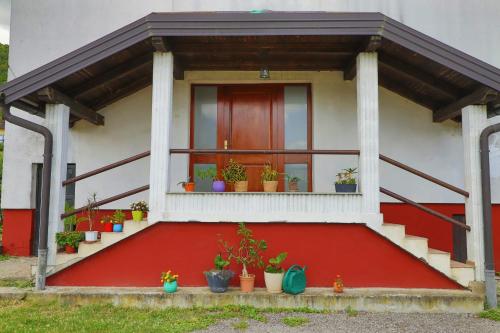 a house with potted plants on the porch at Una & Lake oasis in Bihać