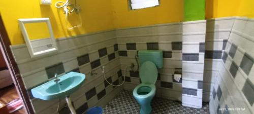 a bathroom with a green toilet and a sink at Wang Homestay in Sukhia Pokhari