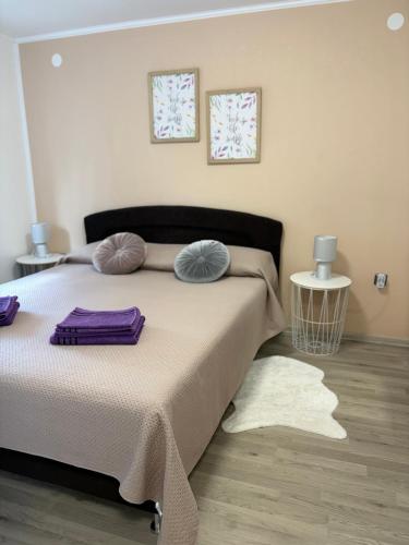 a bedroom with a bed with purple pillows on it at Apartman Indy in Marčelji