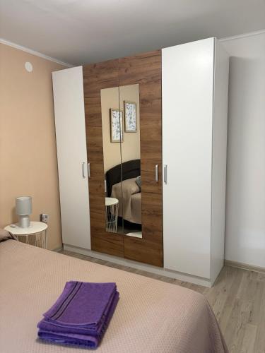 a bedroom with a bed with a large mirror at Apartman Indy in Marčelji