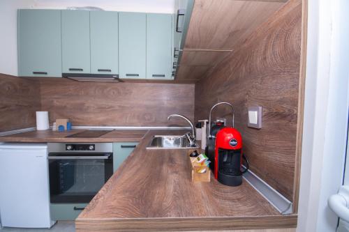 a small kitchen with a sink and a counter at Monte Vista in Bansko